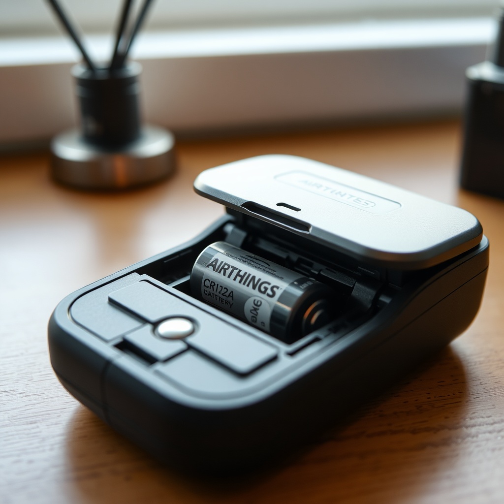 <A photorealistic close-up of an Airthings Wave Plus with its back cover open
