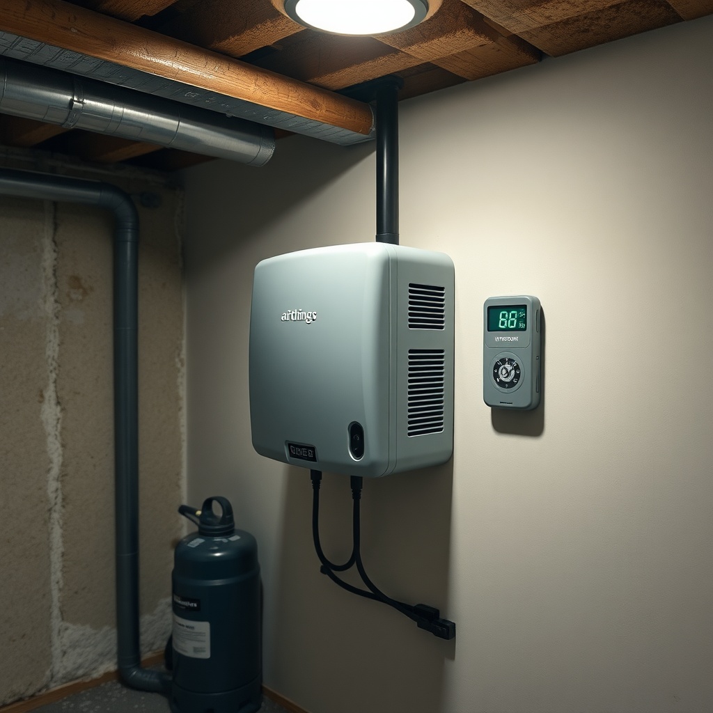 <A photorealistic wide shot of an Airthings Wave Plus mounted on a basement wall