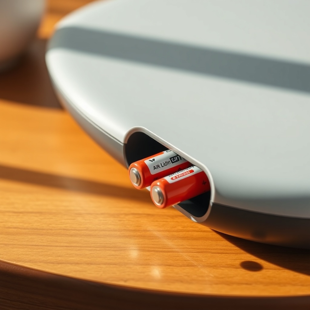 A photorealistic close-up photo of two AA lithium batteries inserted into the Airthings Wa