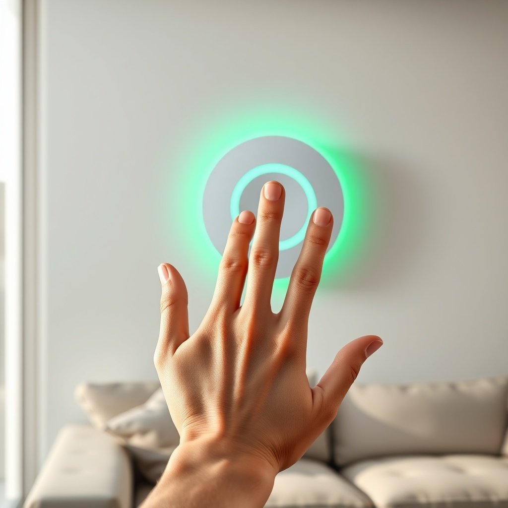 A photorealistic close-up of a hand waving in front of an Airthings Wave Plus mounted on a