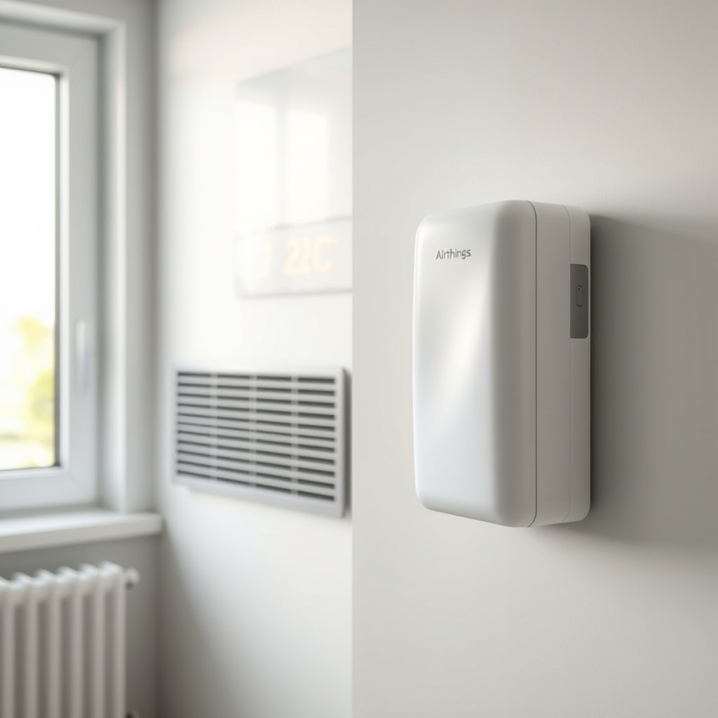 A photorealistic image of an Airthings Wave Plus mounted on an interior wall