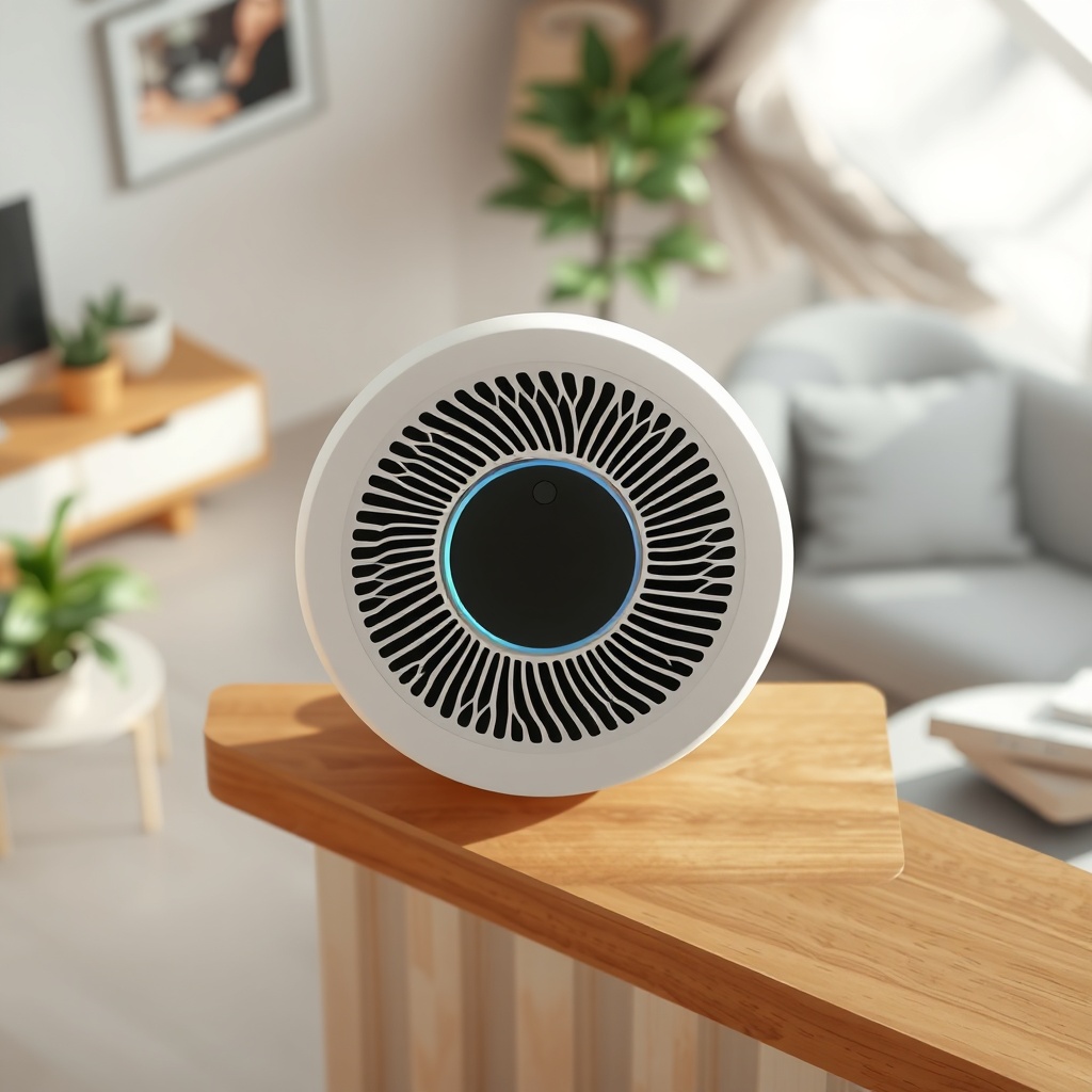 <A clean photorealistic top-down view of an Airthings Wave Plus sitting on a wooden shelf