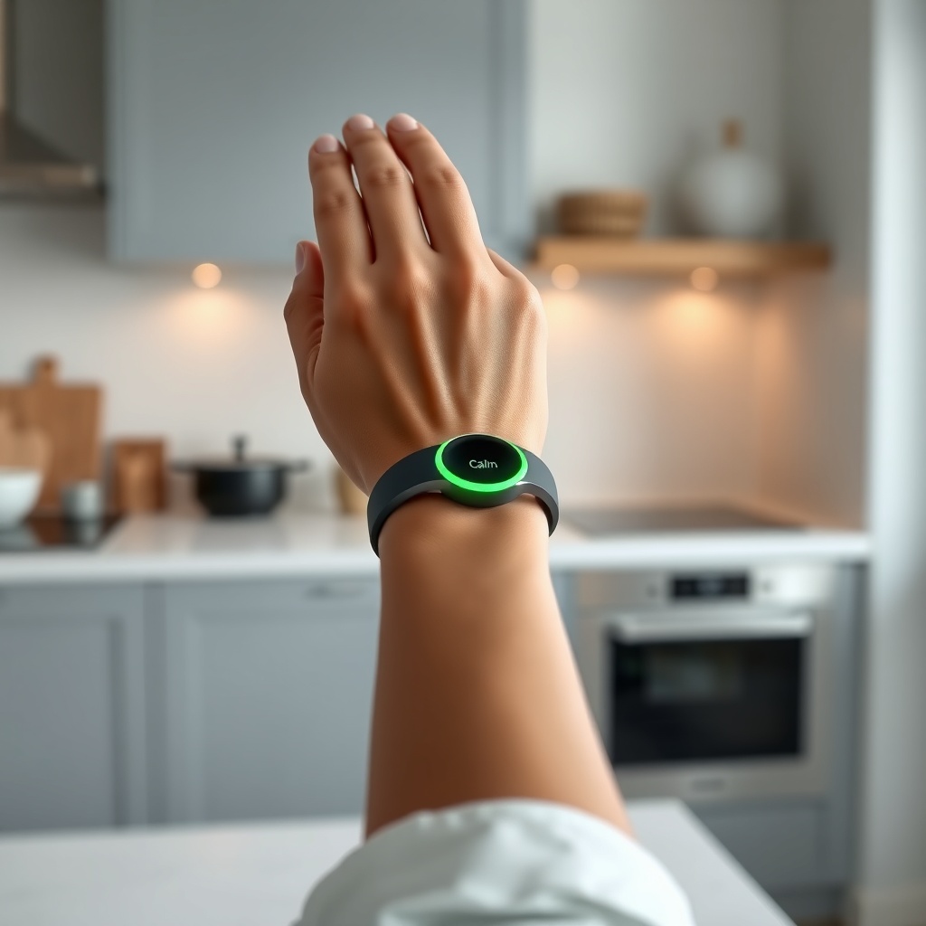 <A photorealistic image of a hand holding the Airthings Wave Plus near a kitchen counter