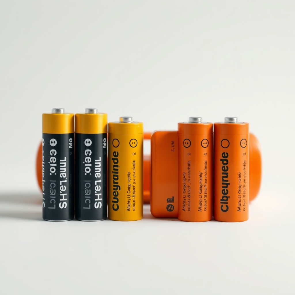 A clean photorealistic side-by-side comparison of a new lithium AA battery next to a stand