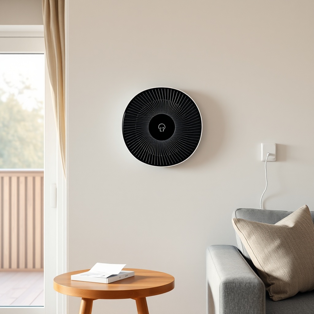 A photorealistic shot of the Airthings Wave Plus mounted on a wall in a modern British liv