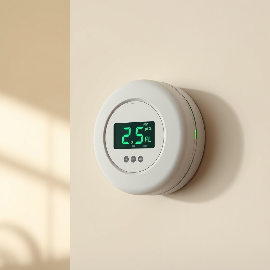 A photorealistic close-up of a white Airthings Wave Plus mounted on a living room wall