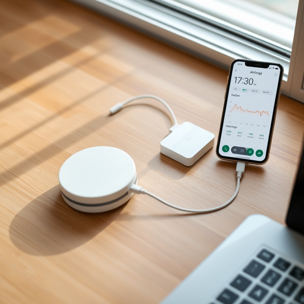 A clean photorealistic flat-lay on a wooden desk showing an Airthings Wave Plus next to an