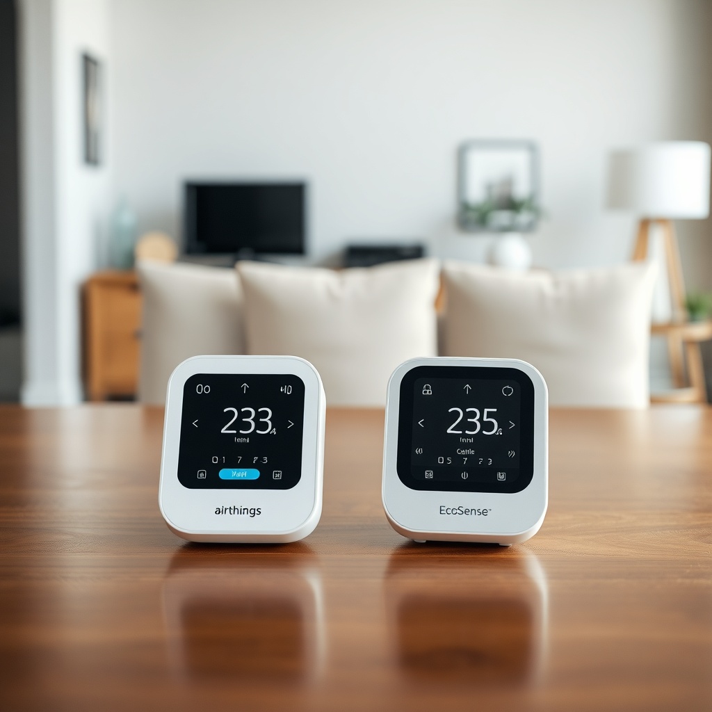 A photorealistic overhead shot of the Airthings Wave Plus and EcoSense monitors placed sid