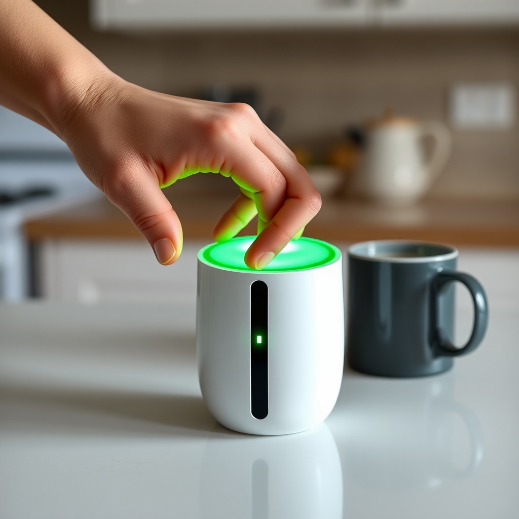 A photo of a hand tapping the top of the Airthings Wave Plus