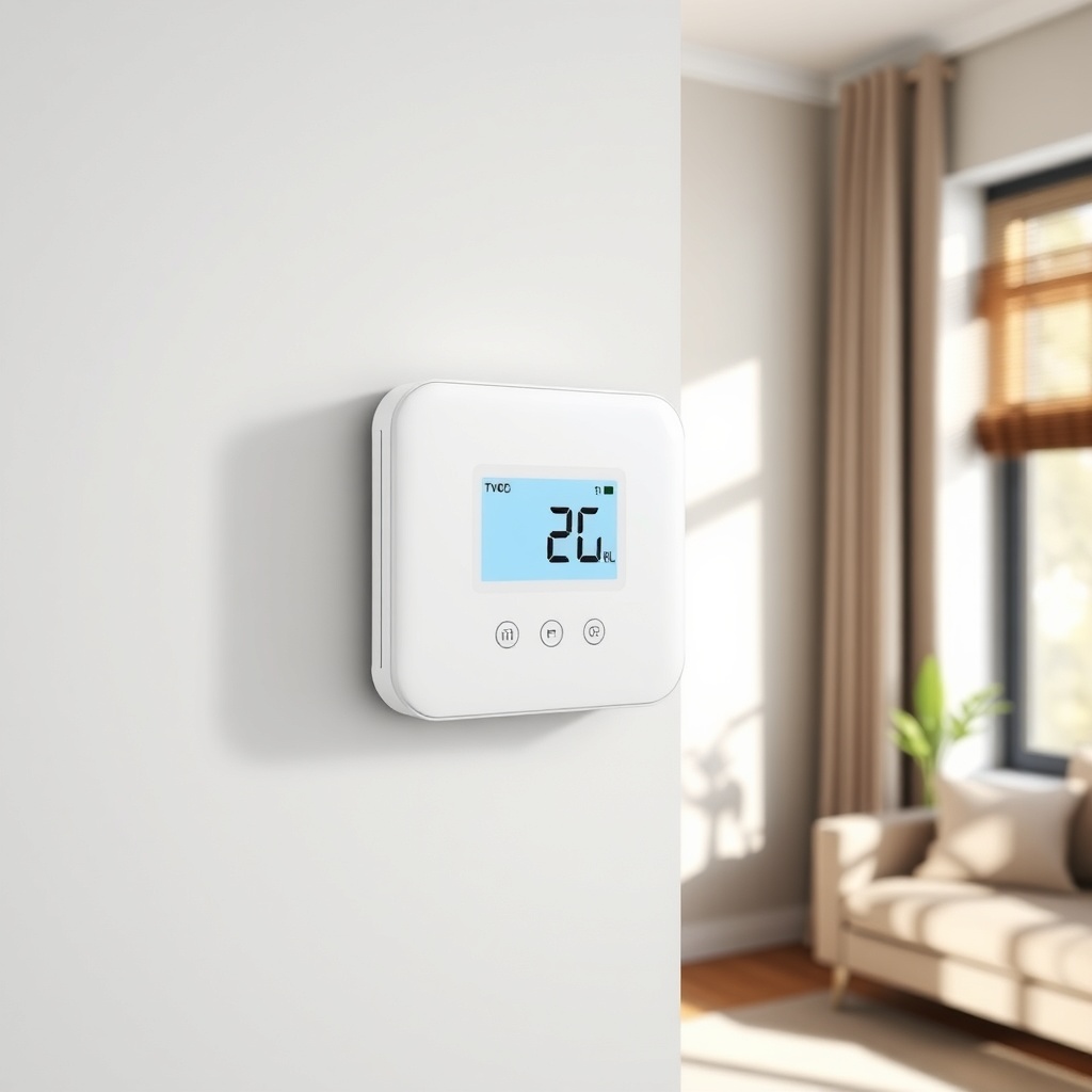 <clean photorealistic photo/illustration showing the Airthings Wave Plus mounted on a wall
