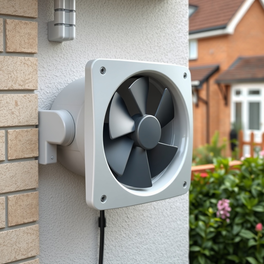A photorealistic photo of a Fantech RN1 fan installed on an exterior wall