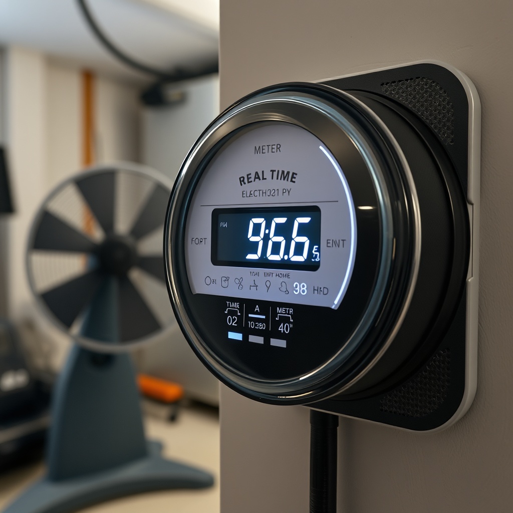 A photorealistic photo of a meter showing real-time electricity consumption