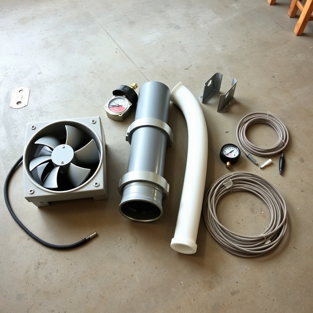 A collection of tools and materials spread on a workbench: a Fantech RN1 fan unit