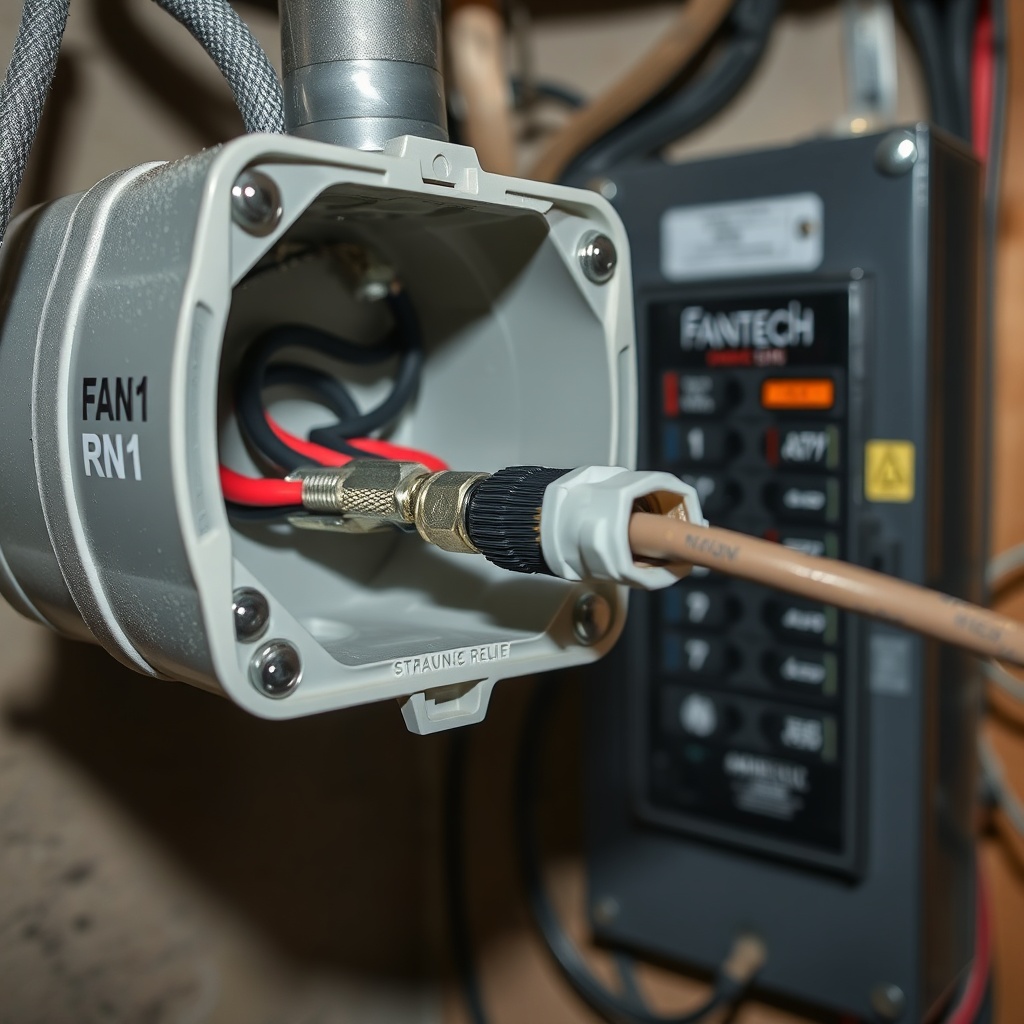 Close-up of a Fantech RN1 wiring junction box with wires connected using wire nuts