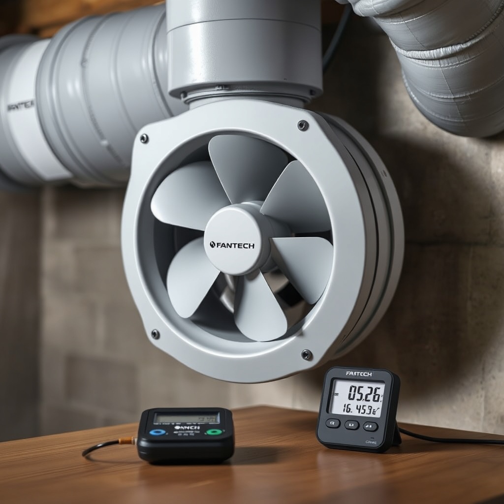 Photorealistic close-up of a Fantech RN1 fan mounted on a duct in a finished basement