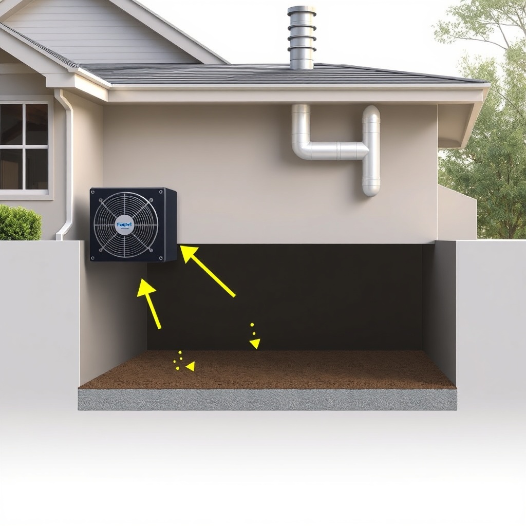 A photorealistic cross-sectional illustration showing a basement slab with a Fantech RN1 f