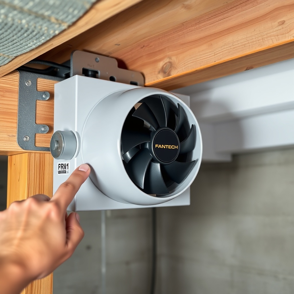 A photorealistic image of a Fantech RN1 radon fan mounted on a wooden joist in a basement