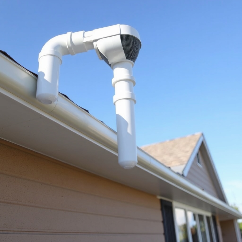 A photorealistic 16:9 photo of a finished radon mitigation system with white PVC pipes exi