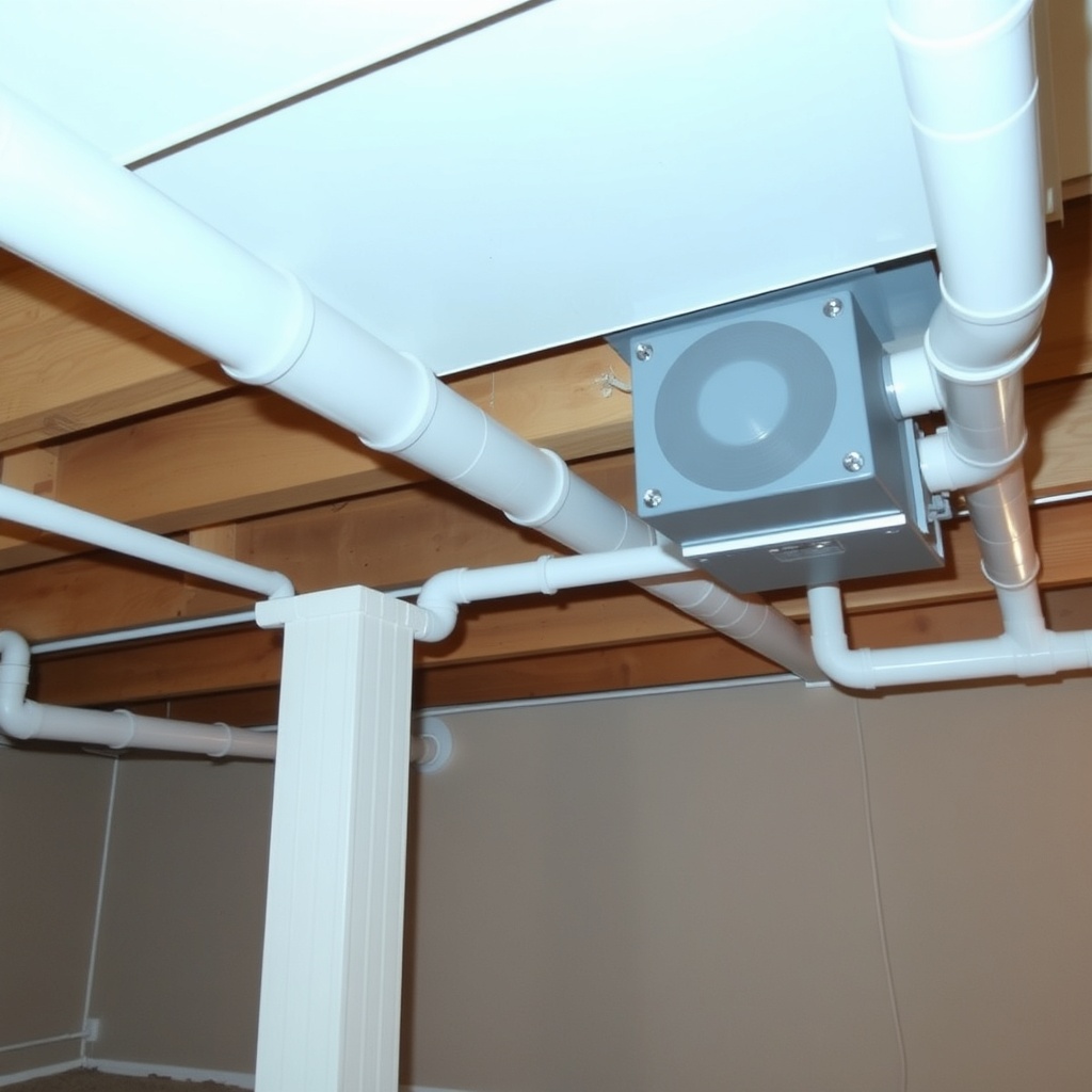 <photorealistic photo of a RadonClear system installation in a finished basement showing w