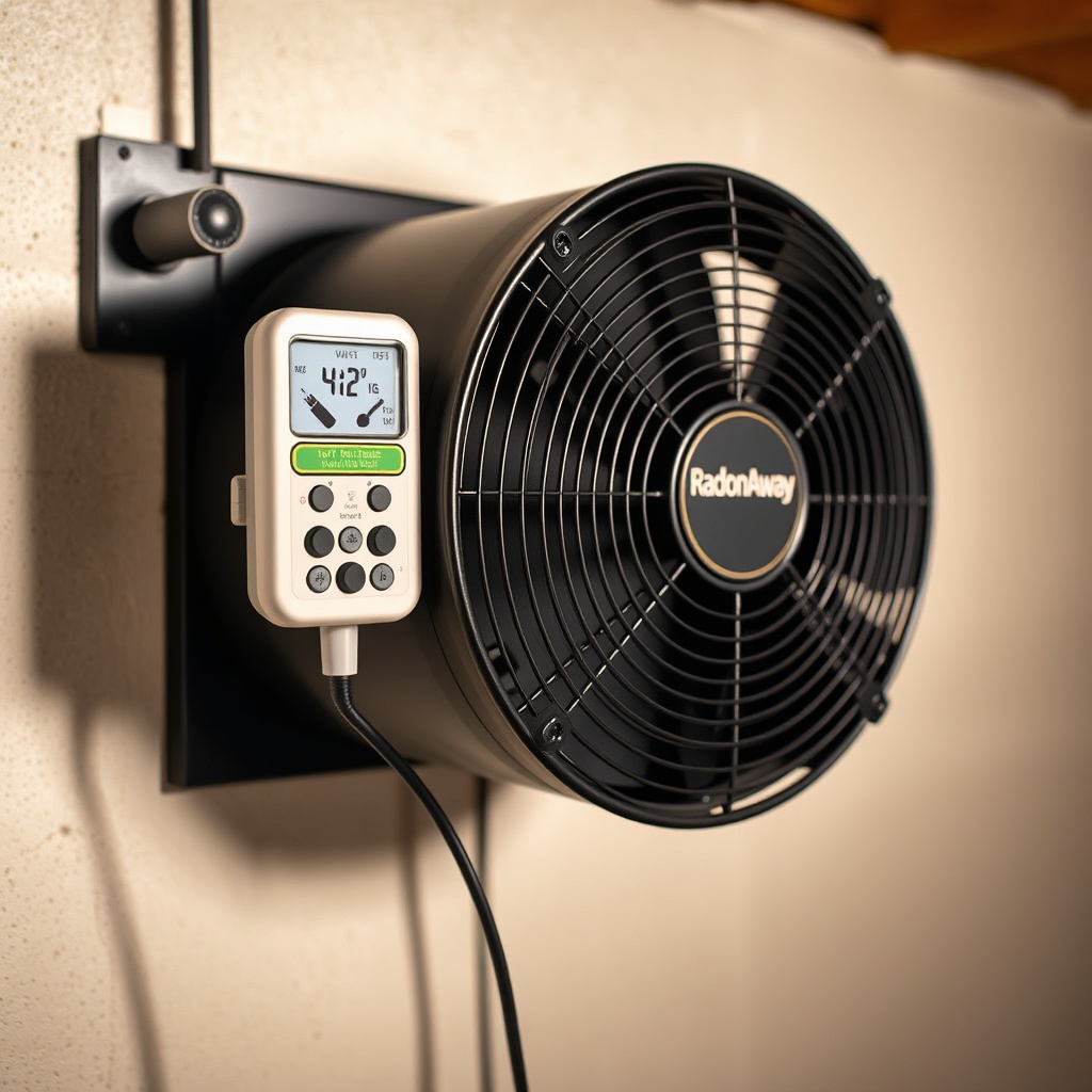 A close-up photorealistic photo of the RadonAway RP145 fan mounted on a basement wall