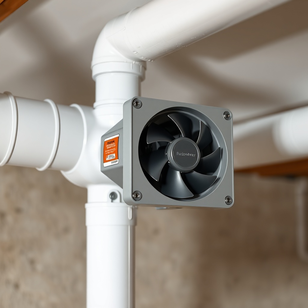 A clean photorealistic photo of a RadonAway RP145 fan installed on a white PVC pipe in a b