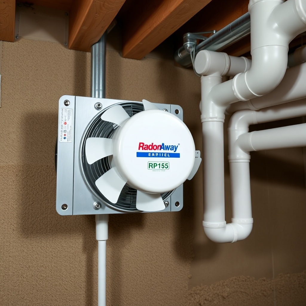 A photorealistic photo of a RadonAway RP145 fan mounted on a vibration-isolation bracket
