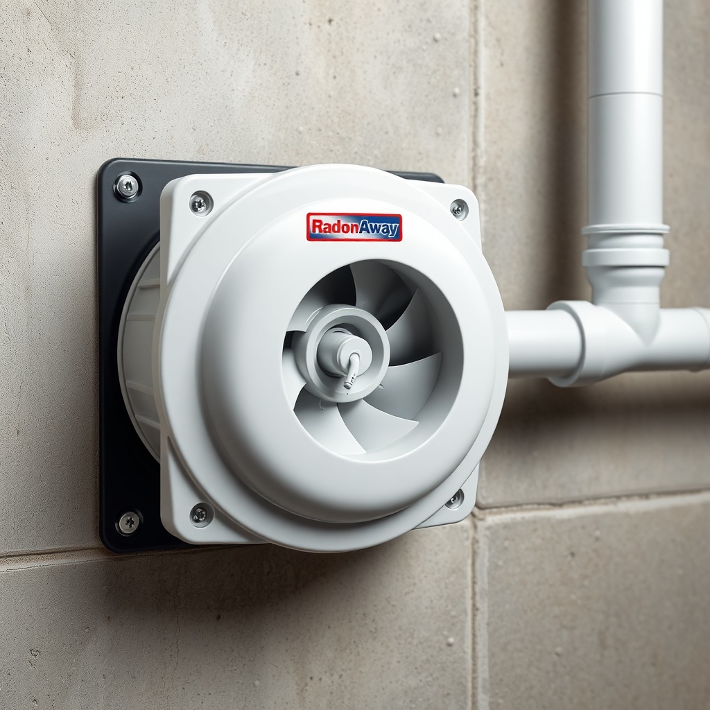 A photorealistic close-up of a RadonAway RP145 fan mounted on a basement wall