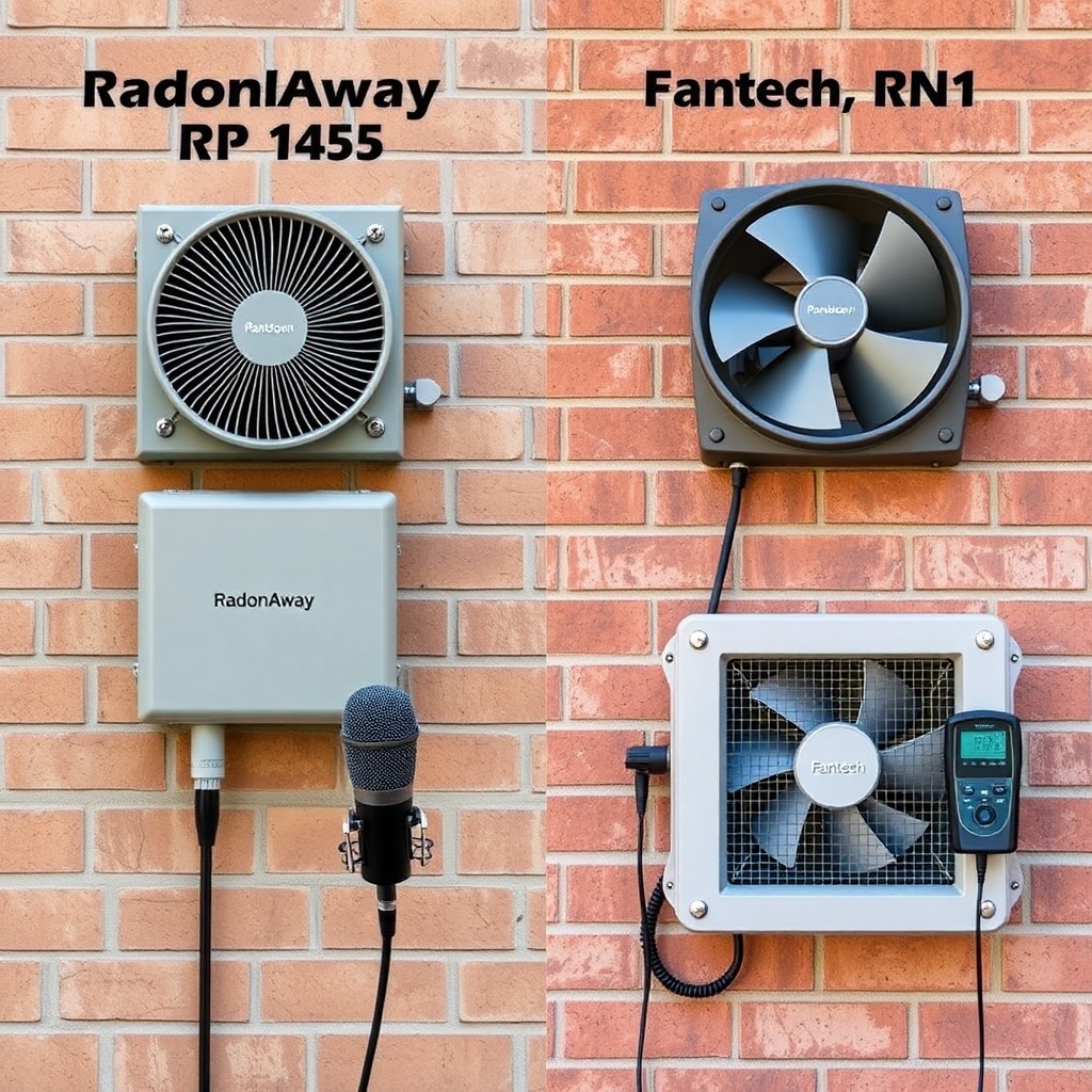 A photorealistic side-by-side shot of a RadonAway RP145 and a Fantech RN1 fan both install