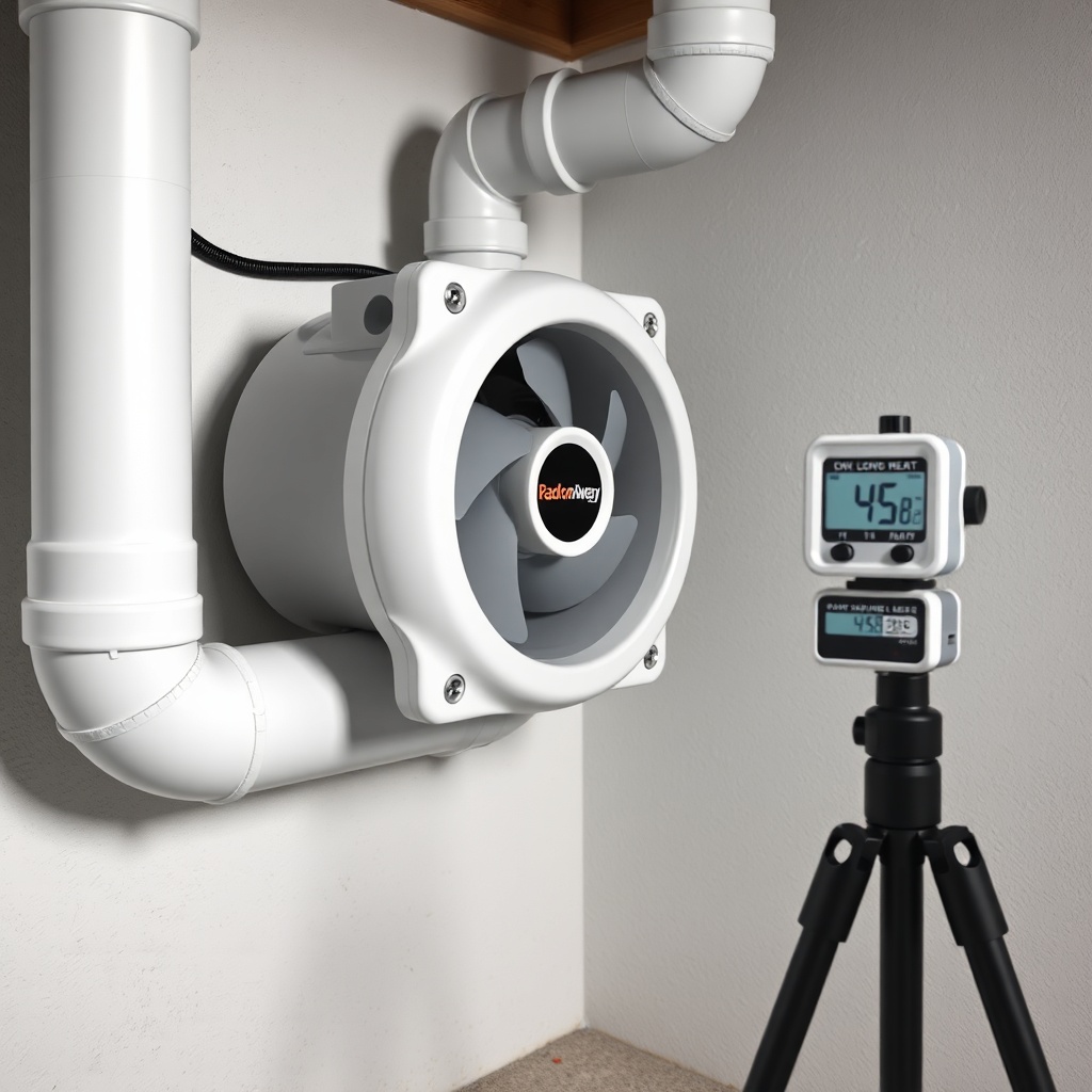 A photorealistic close-up of a RadonAway RP145 fan installed on a white PVC pipe in a clea