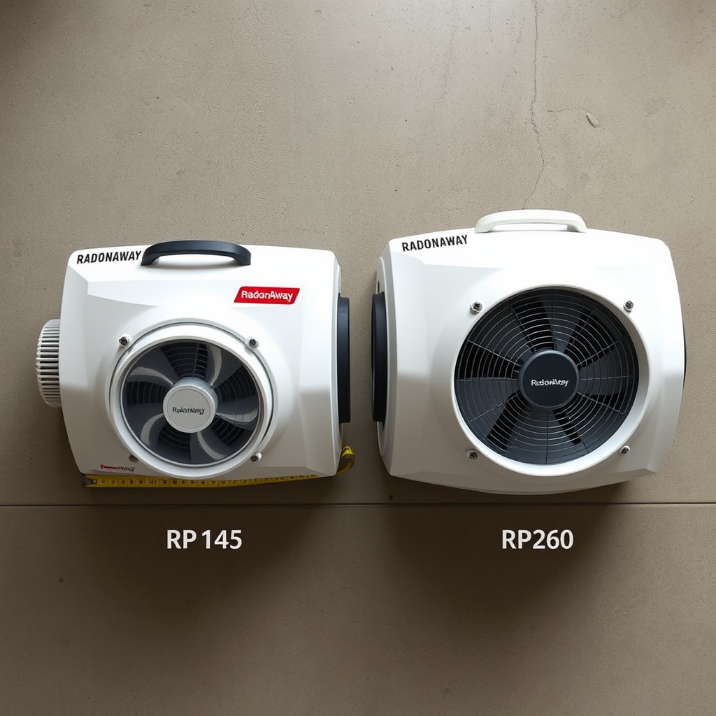 A photorealistic top-down view of two fans side by side—a RadonAway RP145 (smaller) and an