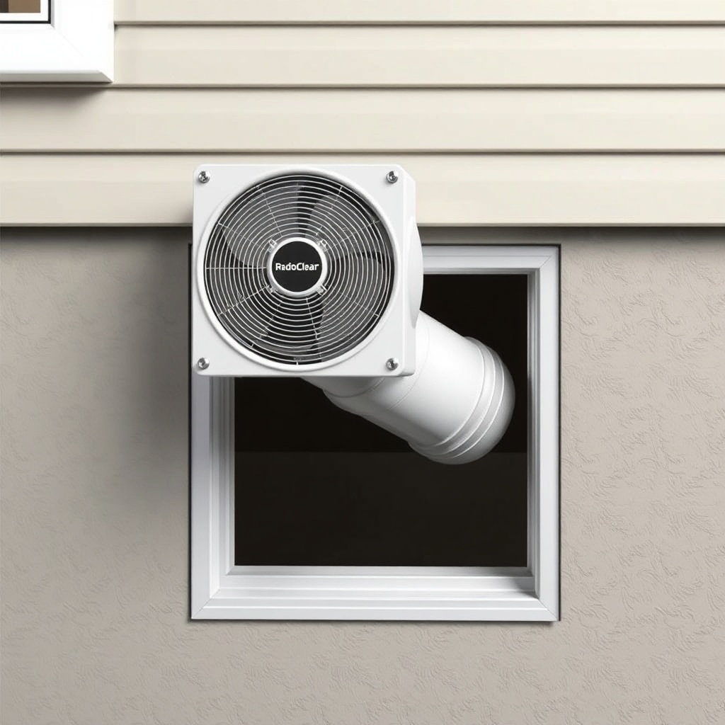 <clean photorealistic photo illustration of a RadonClear fan mounted on an exterior wall