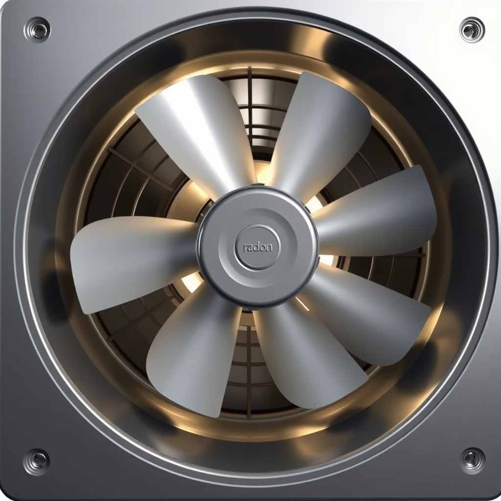 <clean photorealistic photo illustration of a RadonClear fan cutaway showing internal impe