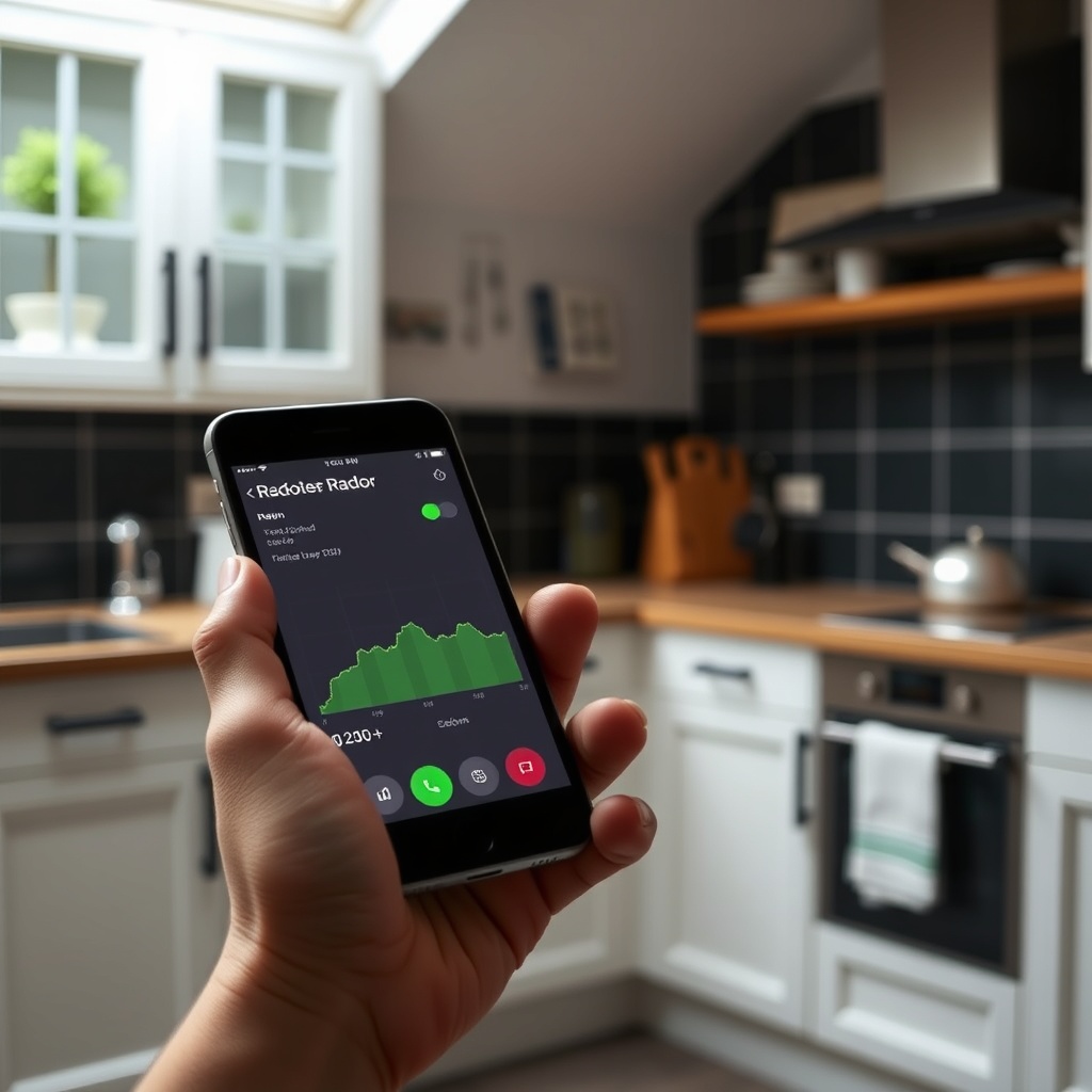 <clean photorealistic photo/illustration of a smartphone displaying the RadonClear app das