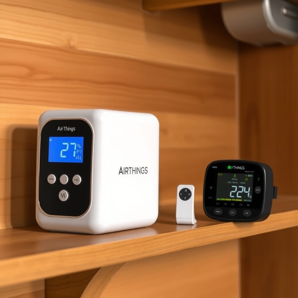 A photorealistic photo of the AirThings Wave Plus sitting on a wooden shelf in a finished
