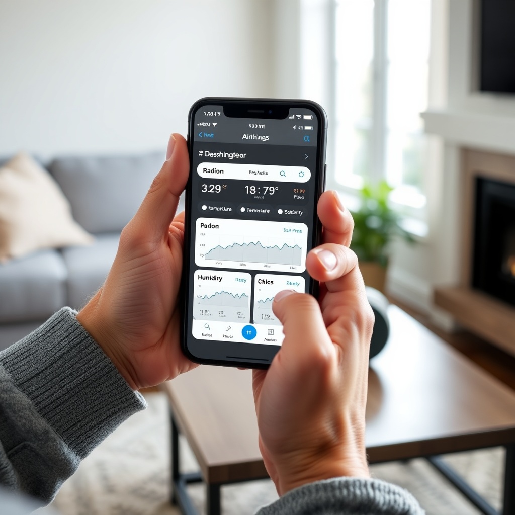 A photorealistic photo of a homeowner opening the Airthings mobile app on a smartphone