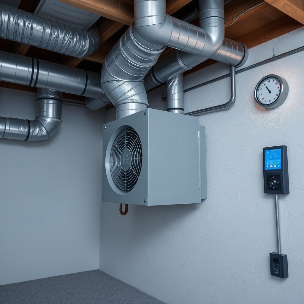 A clean photorealistic photo of a RadonClear fan unit installed in a UK basement