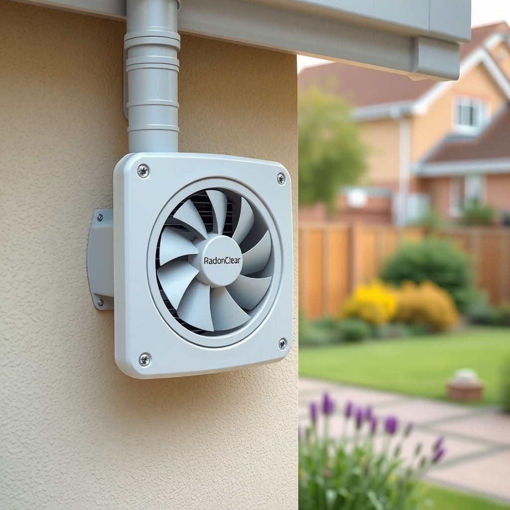 A clean photorealistic photo of a RadonClear system fan and exhaust pipe exiting a UK home