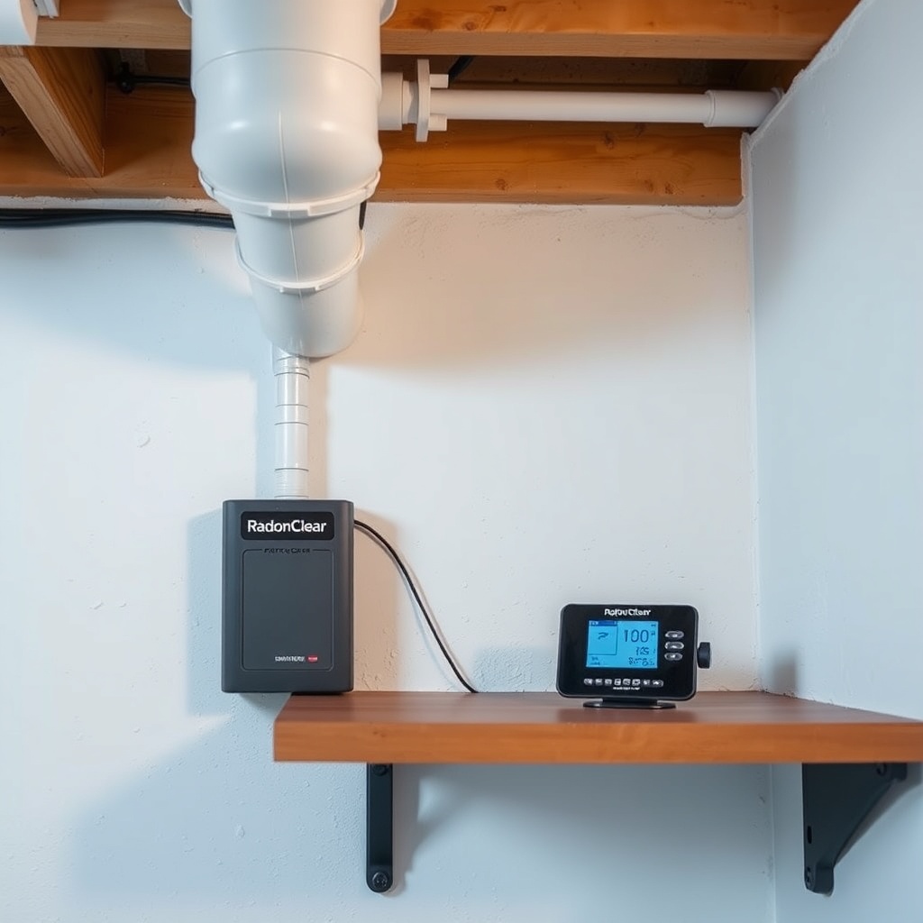 Clean photorealistic photo of a RadonClear mitigation system installed in a basement