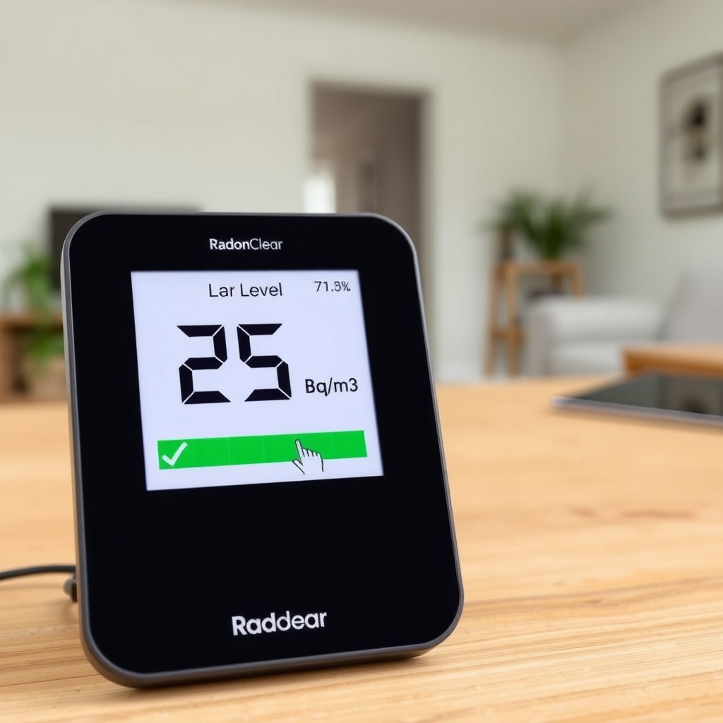 Clean photorealistic photo of a RadonClear digital monitor screen showing a radon level re