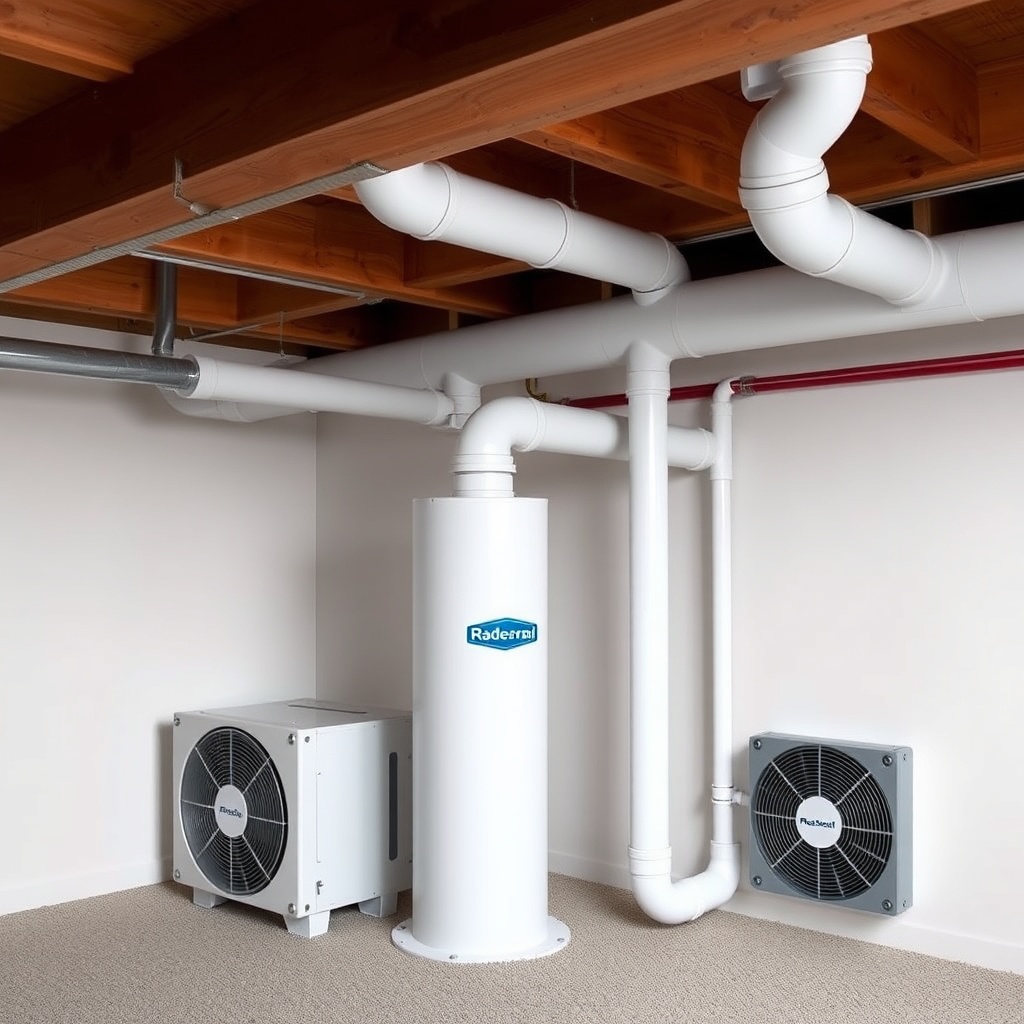 <clean photorealistic photo of RadonClear system installed in a finished basement with PVC