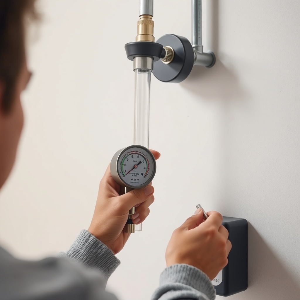 <clean photorealistic photo/illustration of a homeowner checking a clear U-tube manometer