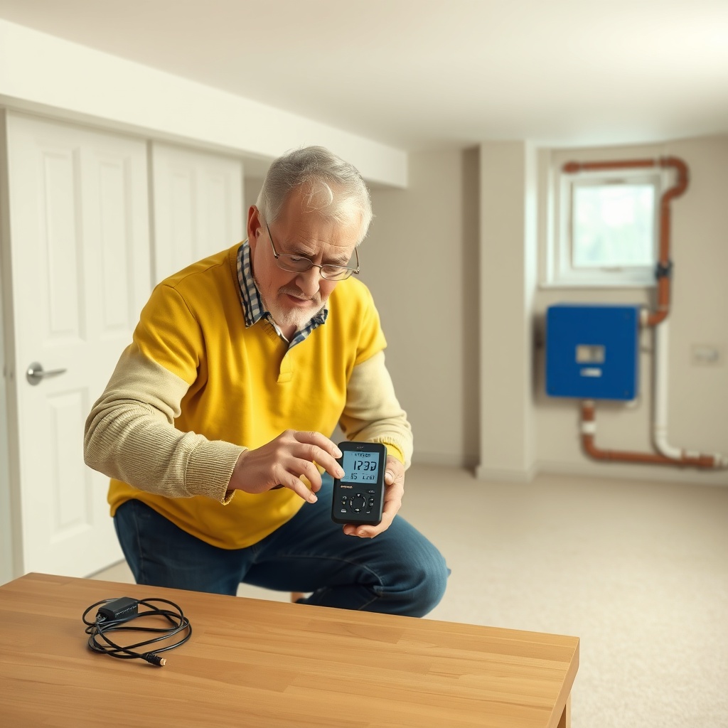 <clean photorealistic photo/illustration of a UK homeowner placing a continuous radon moni