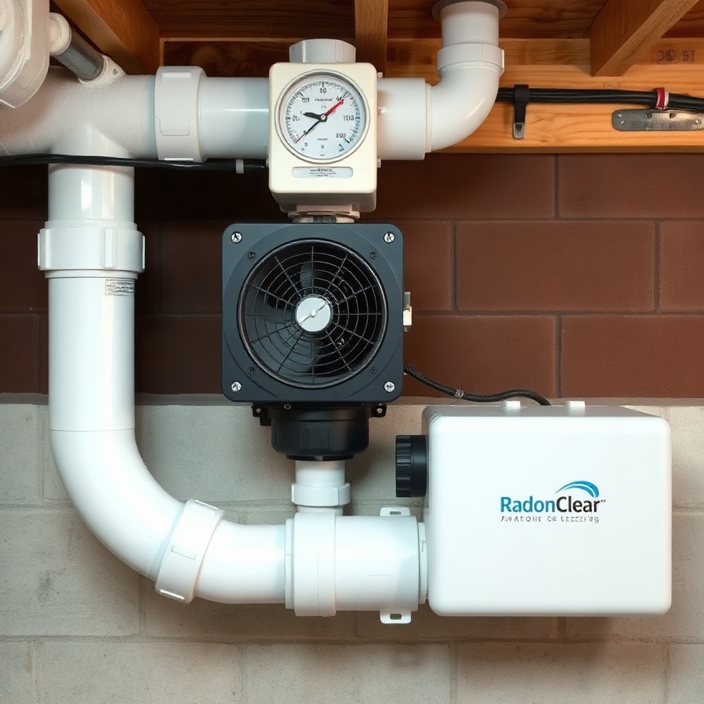 <A clean photorealistic photo of a fully installed RadonClear Whole-Home System in a resid