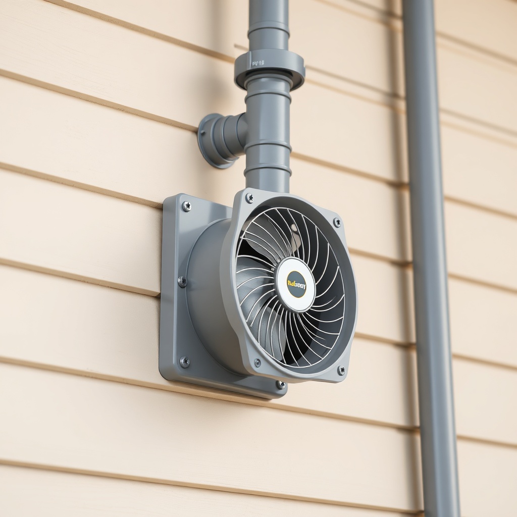 <A clean photorealistic photo of a RadonAway RP145 fan installed externally on an exterior