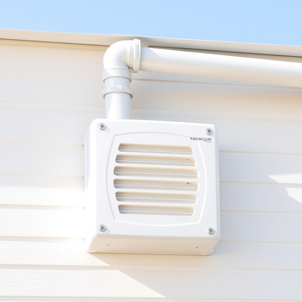 Clean photorealistic photo of a RadonClear fan unit installed on an exterior wall with PVC