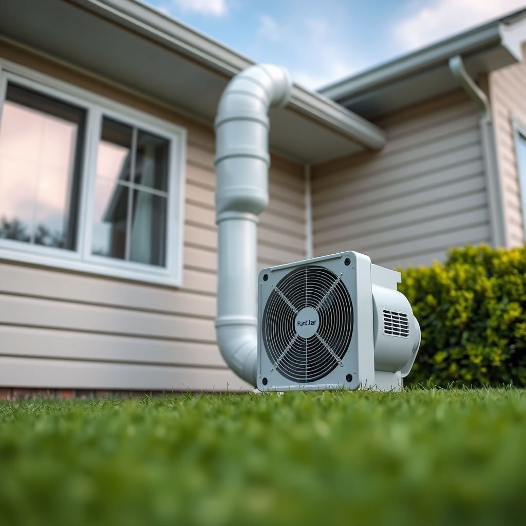 Clean photorealistic photo of a home’s exterior showing a RadonClear vent pipe with the fa
