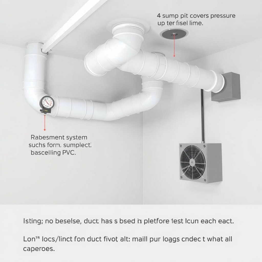 A clean photorealistic photograph showing a basement corner with a RadonClear system insta