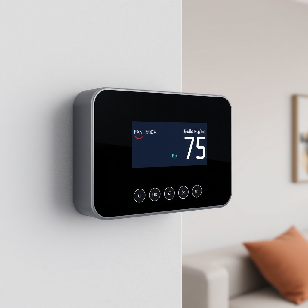 A clean photorealistic illustration showing a RadonClear smart controller mounted on a wal