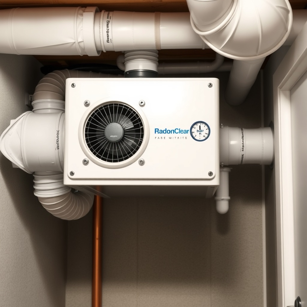 A clean photorealistic photo of a RadonClear fan unit mounted in a basement utility room