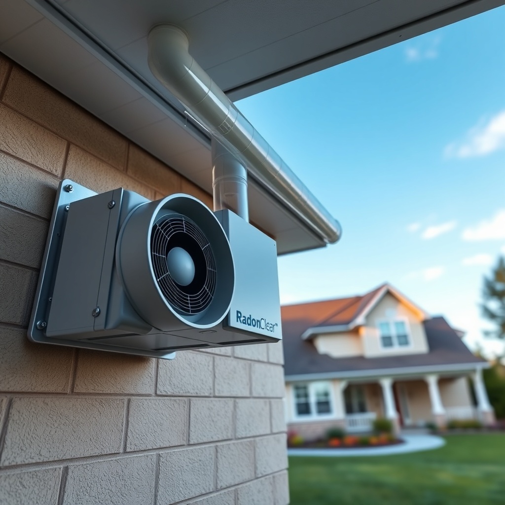 A photorealistic wide shot of a RadonClear fan unit installed on an exterior basement wall